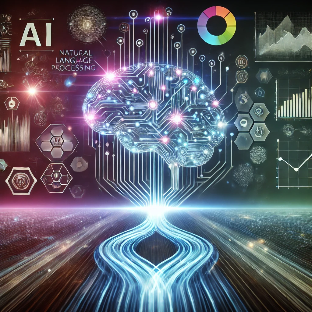 Abstract futuristic illustration of artificial intelligence revolutionizing search technology, featuring a glowing AI brain interconnected with data streams, holographic search results, and icons representing machine learning, data retrieval, and e-commerce, set against a sleek digital background.