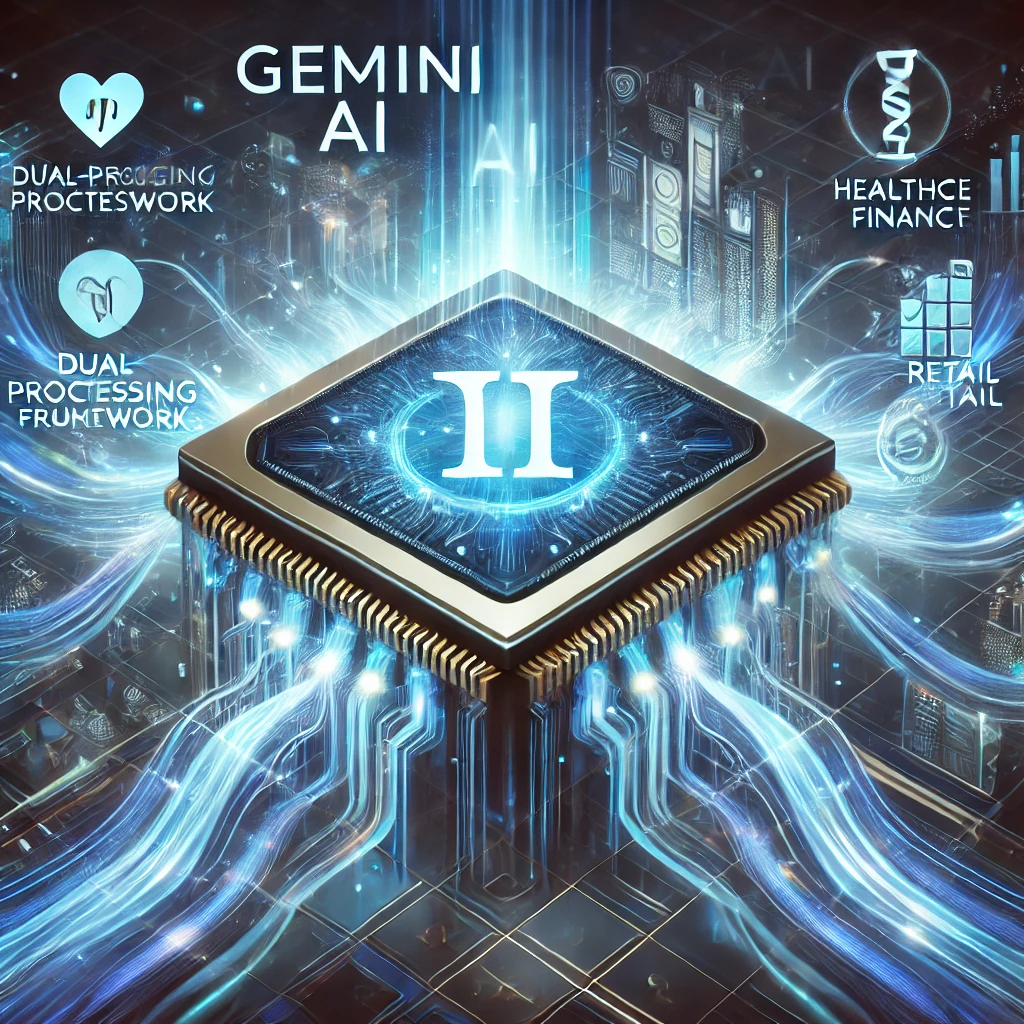 Futuristic illustration of Gemini AI featuring a glowing dual-core processor surrounded by flowing data streams and holographic icons representing healthcare, finance, retail, and education. The high-tech background includes vibrant blue and silver tones, symbolizing innovation, precision, and advanced artificial intelligence.